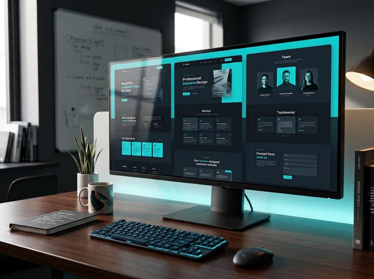 Monitor showing a modern website design on a dark desk